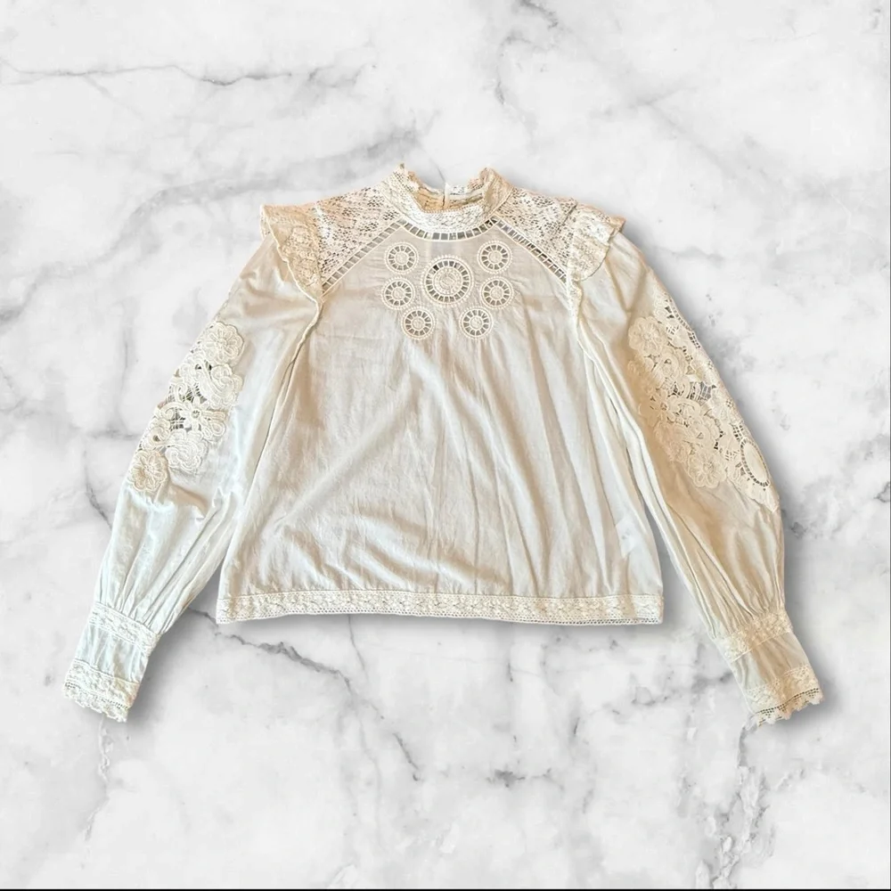 Farm Rio | Eyelet Lace Blouse Puff Sleeve Romantic Top | White | Size M